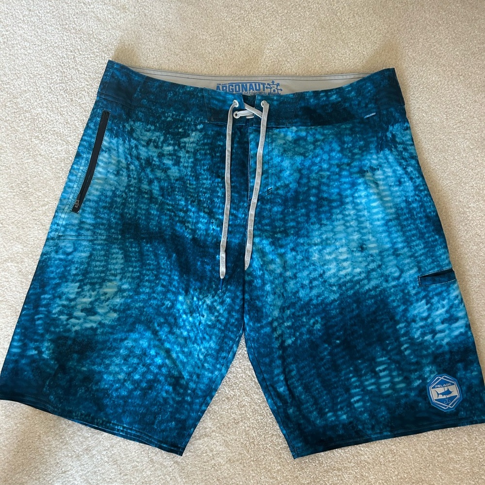 Pelagic Blue Board Shorts with Aquatic Pattern